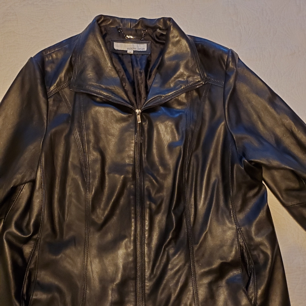 Women's genuine black leather jacket, size 2X, from Wilson's Leather